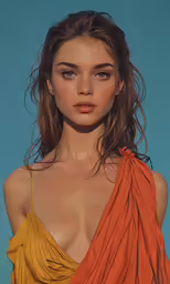 a beautiful woman in an orange and yellow top