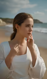the woman is holding her finger to her lip