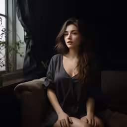 woman seated on a sofa in front of window