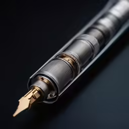 a metal pen sitting on top of a black surface