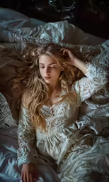 a woman laying on top of a bed in a white dress