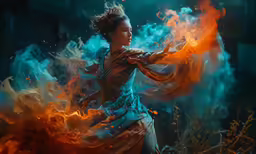 the woman is holding her arms out in fire