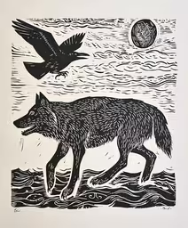 a black and white illustration of a wolf walking through the water,a black and white print of a wolf walking on a beach next to an eagle
