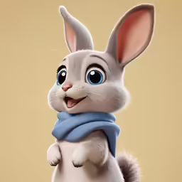 a close up of a cartoon rabbit with a scarf around his neck