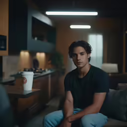 a young man sitting on a couch next to a cup