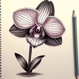 a purple flower is on a notebook with pencil,a sketch book on the subject is opened and has pencil drawing of flowers