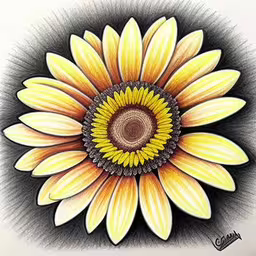 an artistic drawing of a sunflower,a yellow and white sunflower with a green center,a drawing of a flower on a white sheet,a drawing of a sunflower on a paper,a sunflower drawing is shown with a pencil drawing in it