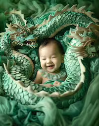 a baby in a green wrap with a chinese dragon decoration,a baby is laying next to a green dragon statue