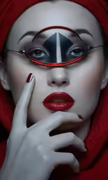 a woman in red is with her nose ring near her face