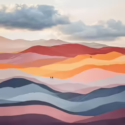 three people walking in front of an abstract landscape