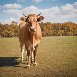 a cow standing in a grassy field with trees in the background
