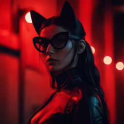 a woman in a cat costume stands in the dark