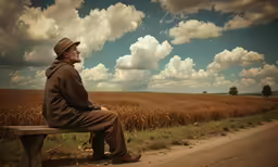 a man in brown outfit sitting on bench near a field of wheat