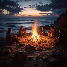 people sitting around a fire near the beach