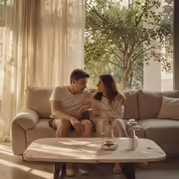 a couple sitting on a couch in front of windows
