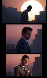 the man in the suit is looking into the distance