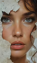 a woman with brown eyes behind torn piece of paper