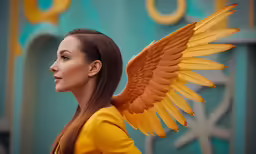 a woman with a bird wings is wearing a yellow coat
