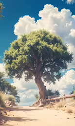 large, green tree stands in the sand with white clouds