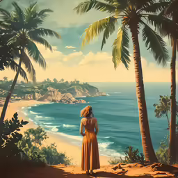 a woman standing next to the ocean surrounded by trees