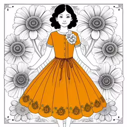a coloring book with a drawing of a girl and flowers,a young girl with a sunflower in her hand,a girl is shown with sunflowers and flowers behind her,a young woman wearing an orange dress and holding a bouquet of sunflowers,a girl in an orange dress is standing near flowers