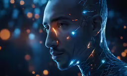 a man looking away with a human head in the background
