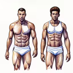 an illustration of two bodybuits with different types of underwear,a set of three photos of the same man,two images of a male bodybutton,male model body illustrations for the male figure illustration by matt mann for gq magazine,the men in underwear are posing for the picture