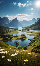 green, flowery, and picturesque scenery with water on both sides