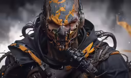 a man in the midst of a storm wearing a yellow painted mask