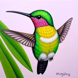a painting of a colorful hummingbird in flight,an image of a hummingbird flying over a plant,a green and white bird sitting on top of a plant,a painting of a bird is being displayed,a green and yellow bird sits on a flower