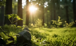 sun peaking through a forest, over the moss