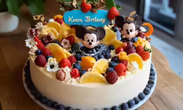 a birthday cake is decorated with fondant mickey mouse and minnie mouse