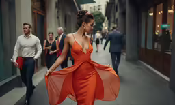 a woman in an orange dress walking down the street