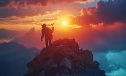 two hikers with a backpack on top of a mountain at sunset