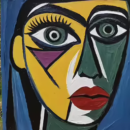 painting of female face with green and yellow colors