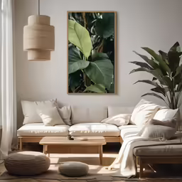 a room with plants on the walls and couches