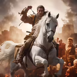 a man riding on the back of a white horse