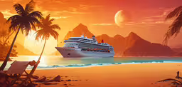 an image of a cruise ship sailing by the beach,the large cruise ship is in the water at sunrise