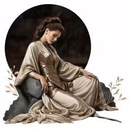 a woman in gold is sitting on a rock