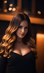 woman with long, dark and light wavy hair