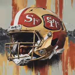 a painting of a football helmet on a rusted wall