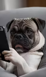 a cute pug dog playing on a tablet computer