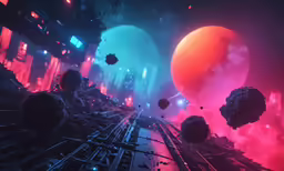 some strange futuristic structures and colorful lights