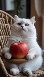 a white cat sitting on a wicker chair with an apple in its lap