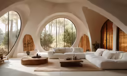 a living area with many round windows and a couch
