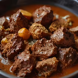 a plate of stew with some sort of meat on it