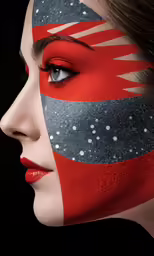 the face of a woman with red and gray makeup