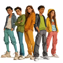 the group of teenagers stand in a line against a white background