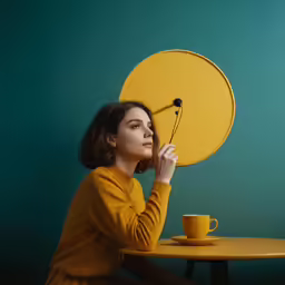 a woman in a yellow shirt is holding a round object