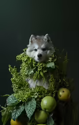 a wolf is sitting in an assortment of fruit